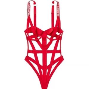 New! Victoria's Secret Very Sexy Caged Logo Shine Strap Teddy red 4022